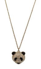 Pave Crystal Enamel Panda Bear Face Gold Tone Pendant Chain Necklace Unsigned