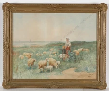 Otto von Thoren (1828-1889) "Little Shepherds with Their Sheep" Large Watercolor