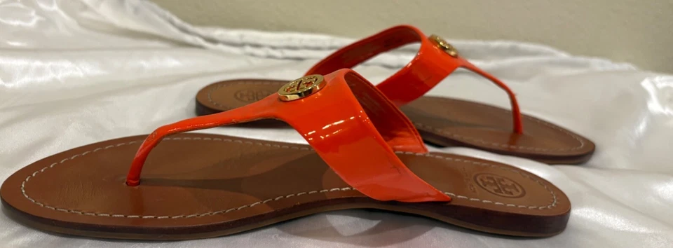 Chanclas/sandalias/diapositivas Tory Burch cuero tostado/logo naranja talla 8 fácil comodidad  Foto 3 de 4