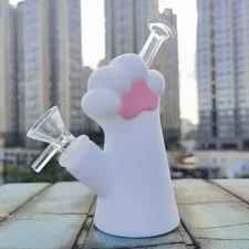 4.7" Cute Cat Paw Silicone Hookah Bong Shisha Water Pipe W/ Glass Bowl White New