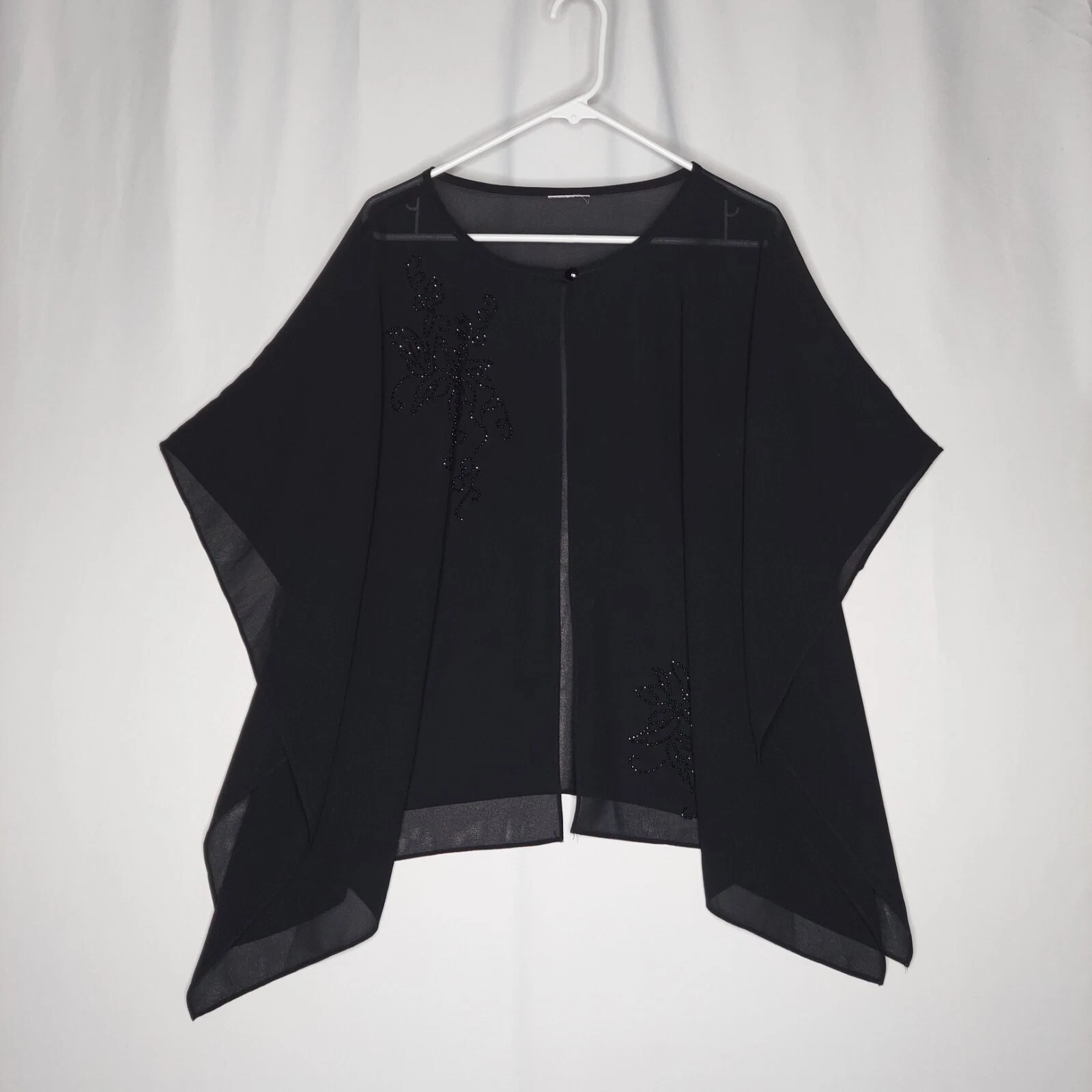 Vtg Beaded Chiffon OSFM Poncho Cape Black Sheer One-Button Short Sleeve