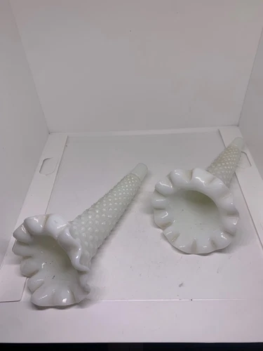 vtg pair of hobnail milk glass lily horn trumpets epergnette 5.75" x2.5" fenton