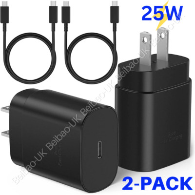 2PACK 25W Type C USB-C Cable Super Fast Wall PD Charger For Samsung Galaxy S20