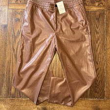 H M Vegan Leather Pants High Rise Straight Leg Relaxed Fit Brown Size 42 NEW