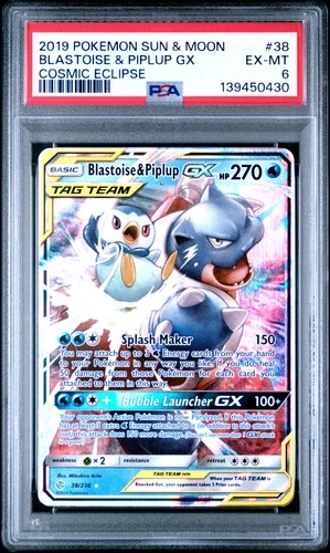 2019 POKEMON SUN & MOON COSMIC ECLIPSE #38 BLASTOISE & PIPLUP GX PSA 6