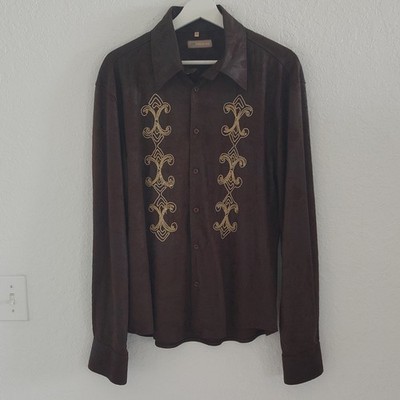 vintage dewin mens brown solid woven long sleeve embroidered button-up shirt xl