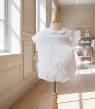 NWT Petit Ami White Blue Smocked Romper 6 Months Hat Baby Boys Bubble Size 6M