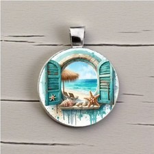 Beach Sea Star Shell Design Round Glass Art Pendant / Charm No Chain