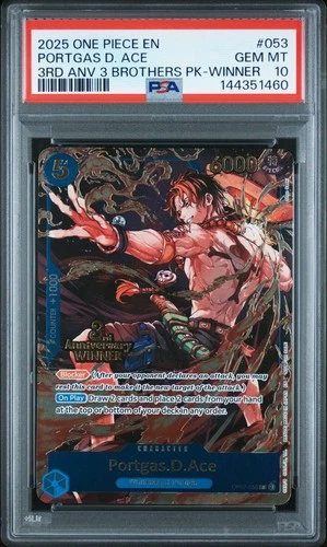 One Piece Portgas D. Ace 3rd Anniversary 3 Brothers Winner Promo OP07-053 PSA 10