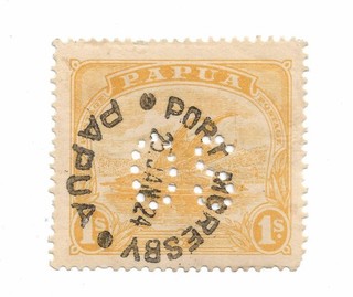 Papua 1911 1s yellow lakatoi perfin OS used Port Moresby 25 JAN 24