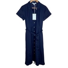 Hill House Lily Linen Shirt Dress Women XS Navy Blue Belted Pockets Short Sleeve