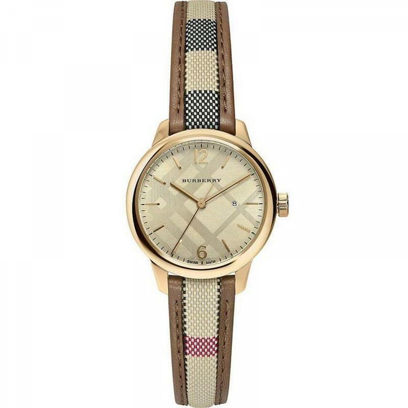 BURBERRY CLASSIC ROUND BU10114 GOLD & CHECK PATTERN LEATHER WOMENS WATCH NEW