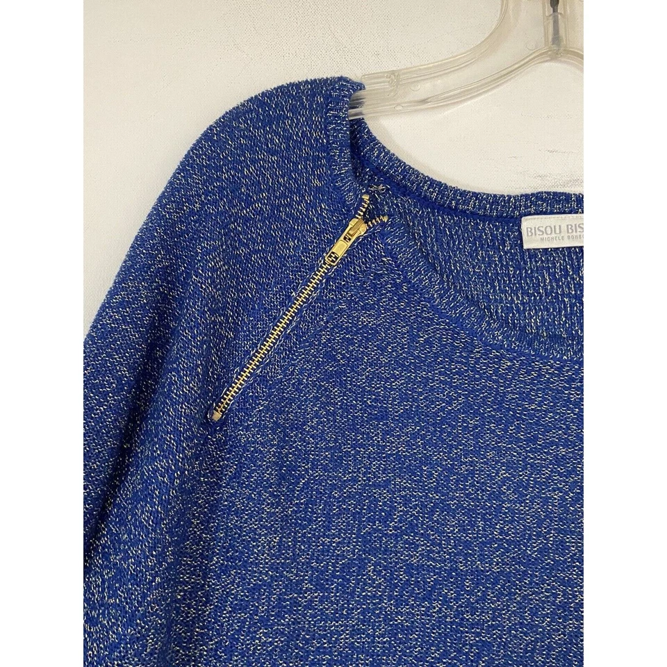Bisou Bisou Blue Gold Hi Low Hem Sweater Gold Zippers Size Large (166) - Image 4 of 4