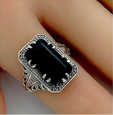BLACK AGATE 925 SOLID STERLING SILVER DECO ANTIQUE STYLE FILIGREE RING    765
