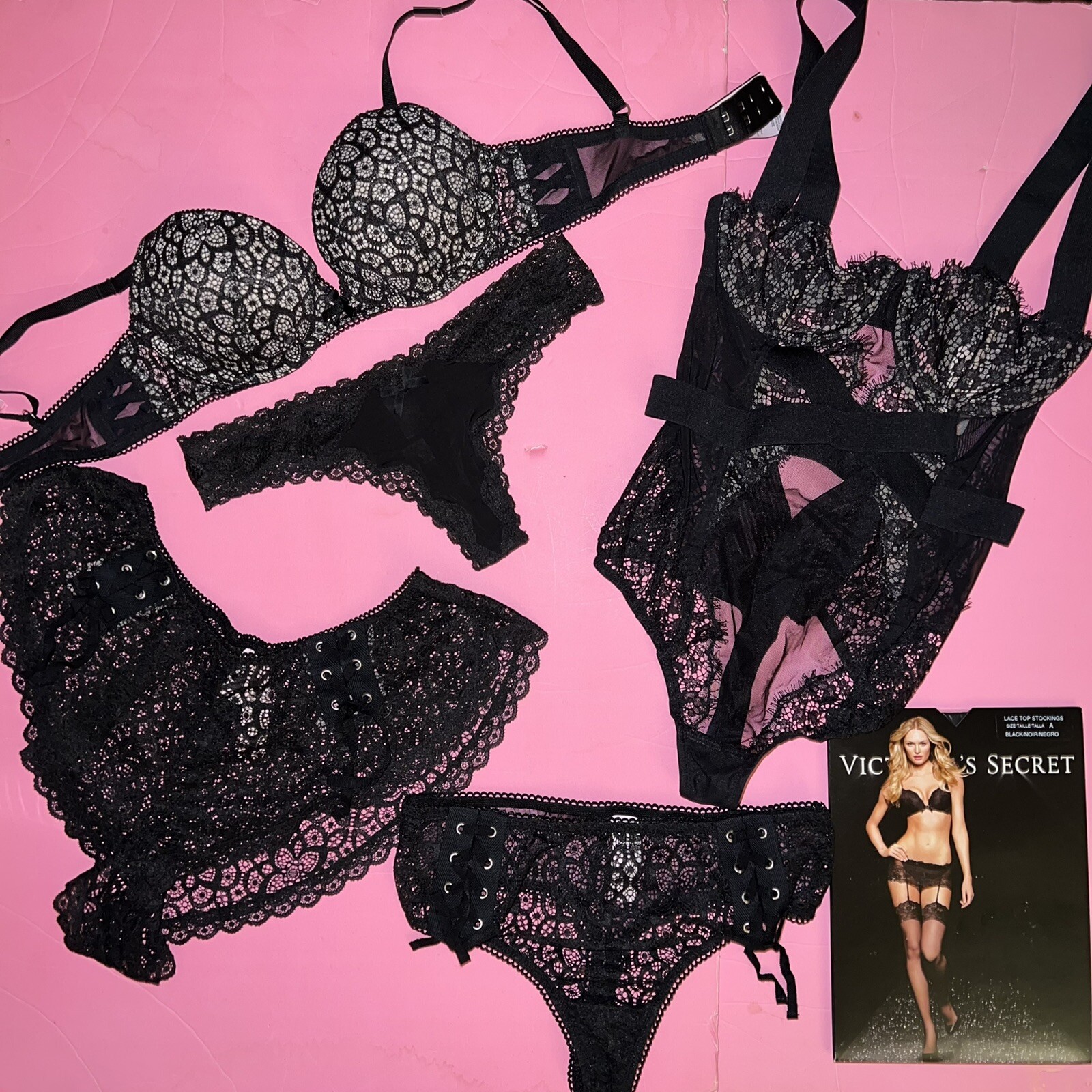 Victoria's Secret 32B BRA SET+thong+shorts+TEDDY ONE-PIECE BLACK lace VERY SEXY