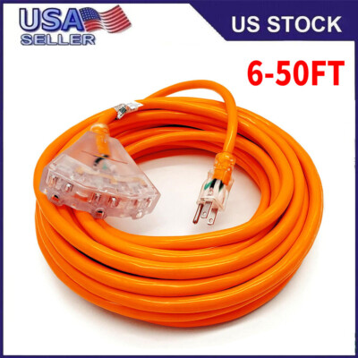 Cable 6-50Foot Lighted Outdoor Extension Cord 3 Outlets - 12/3 SJTW Heavy Duty