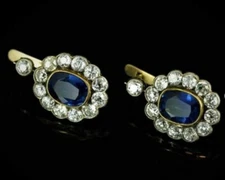 Halo 14k Yellow Gold Natural Elongated Cushion Blue Sapphire Earrings Art Deco