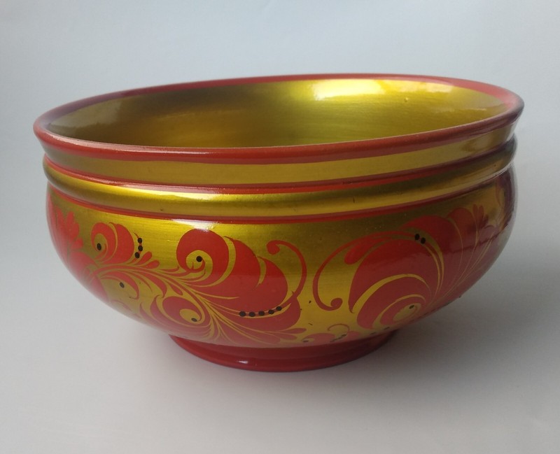 Khokhloma Russian Folk Art Hand Painted Wooden Bowl Vintage USSR