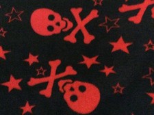 Fleece fabric Red Skull, bones stars punk pirates on black, 60" wide, sold BTY
