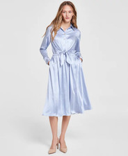 $175 Michael Kors Women's Pinstriped Tie-Front Shirtdress, Blueberry, Large