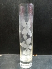 MCM Schmid Portugal 7" Cylinder Clear Glass Etched Floral Holly Berry Bud Vase