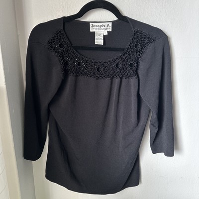 JOSEPH A Qu'est-Ce Que C'est Silk Black Long Sleeve Blouse Beaded Womens Size L