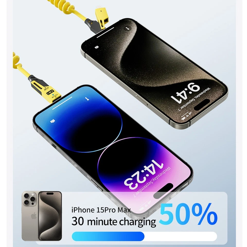 4in1 Coil Spiral Cable Charger For iPhone 16 15 14 13 12 Samsung S25 S24 S23 S22 - Image 3 of 4