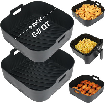 BYKITCHEN 9 Inch Square Silicone Air Fryer Liners for 6 to 8QT, Set of 2,Reusabl