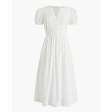 J.Crew White Eyelet Puff-Sleeve Midi Dress Cotton Button Bodice BF885 Womens 12