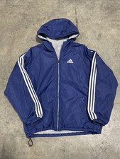 Vintage Adidas Reversible Hooded Jacket 3 Stripes Logo Navy Blue Size Medium