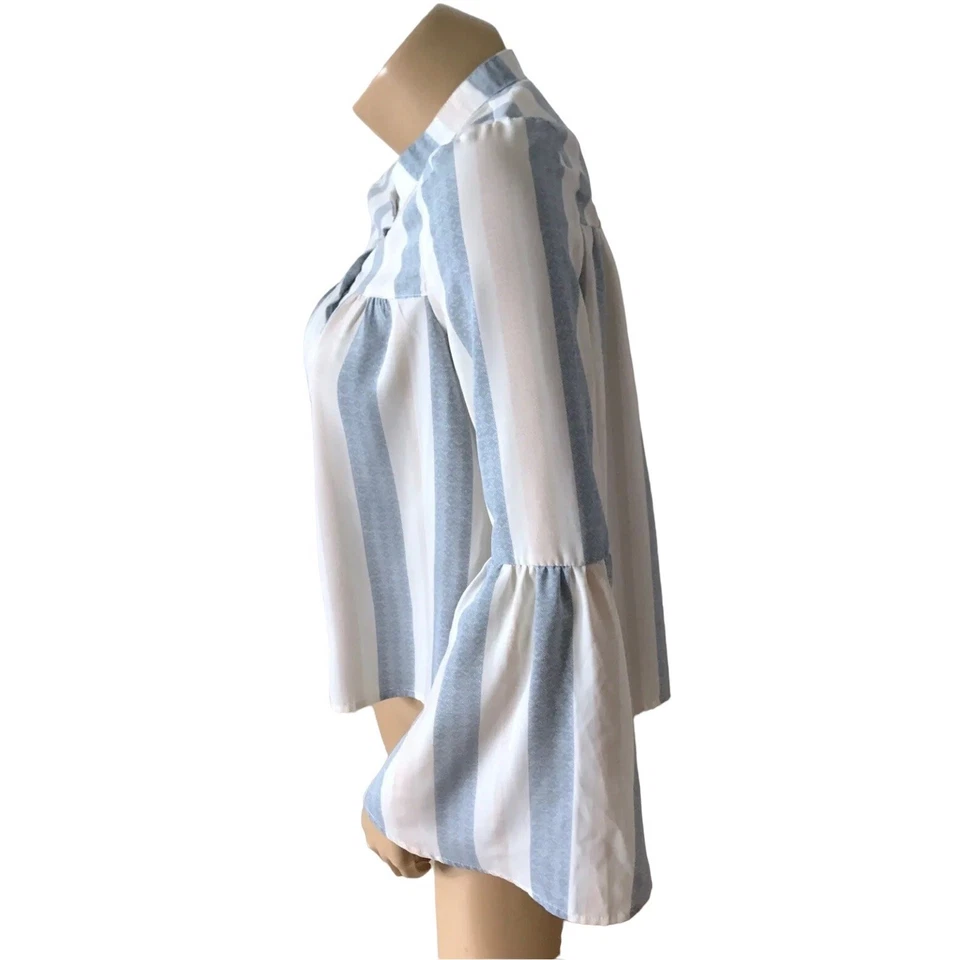 LOVE FIRE Womens Size Medium Striped Long Sleeve Bell Sleeve Button Front Shirt - Image 2 of 4