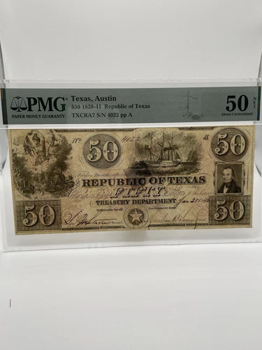 1839 $50 The Republic Of Texas Treasury Note (PMG 50) - Picture 1 of 6