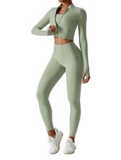 Workout Sets for 3 Piece High Waisted Seamless Leggings Crop Top Long Sleeve ...