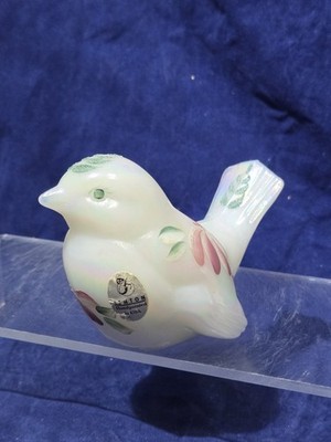 Fenton White Opal Opalescent Bird Figurine Hand Painted Floral Signed D Smith 