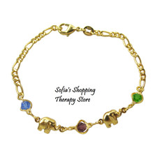 18K Gold Filled Elephant Bracelet 7" Multicolor Figaro Chain Dainty Zirconia
