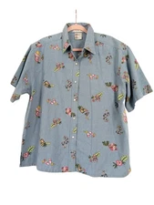 Vintage Mandal Bay Womens XL Tropical Button Front Shirt Blue Cotton 