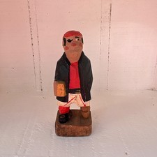 Vintage Hand Carved Wood Pirate Figurine Sailor Eyepatch Red Bandana Folk Art 4"