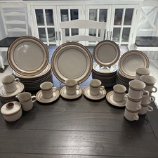 Vintage Brown Tan Stoneware Dinnerware Set 74...