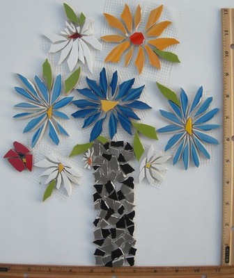 Bouquet Of Colorful Flowers Unfinished Mosaic Tile Design 12'' Broken China