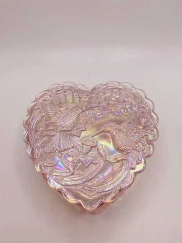 FENTON Pink Iridescent Carnival Glass Hummingbird Heart Shaped Trinket Box