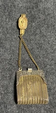 Vintage Gold Chatelaine Mesh Coin Purse on Chain W/ Clip  Catholic Saint Medal