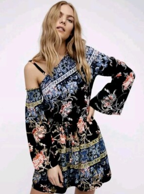 Free People Womens M One Cold Shoulder Mini Dress Nomad Bohemian Peasant Fairy