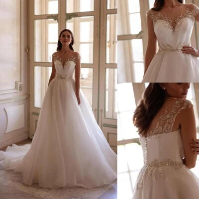 Brautkleid Hochzeitskleid A-Linie Kurzarm Weiß Ivory Maßgeschneidert 38 40 42 44 - Bild 1 von 4