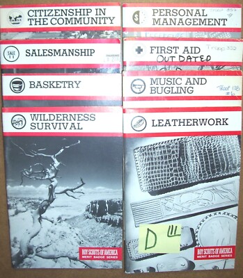 BSA LOT 11-D Boy Scouts 8 Merit Badge Books LEATHER WORK BASKETRY SALESMANSHIP
