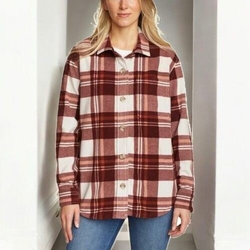 Eddie Bauer Women Brown Plaid Microfleece Button Up Shirt Classic Fit NEW Medium image 7