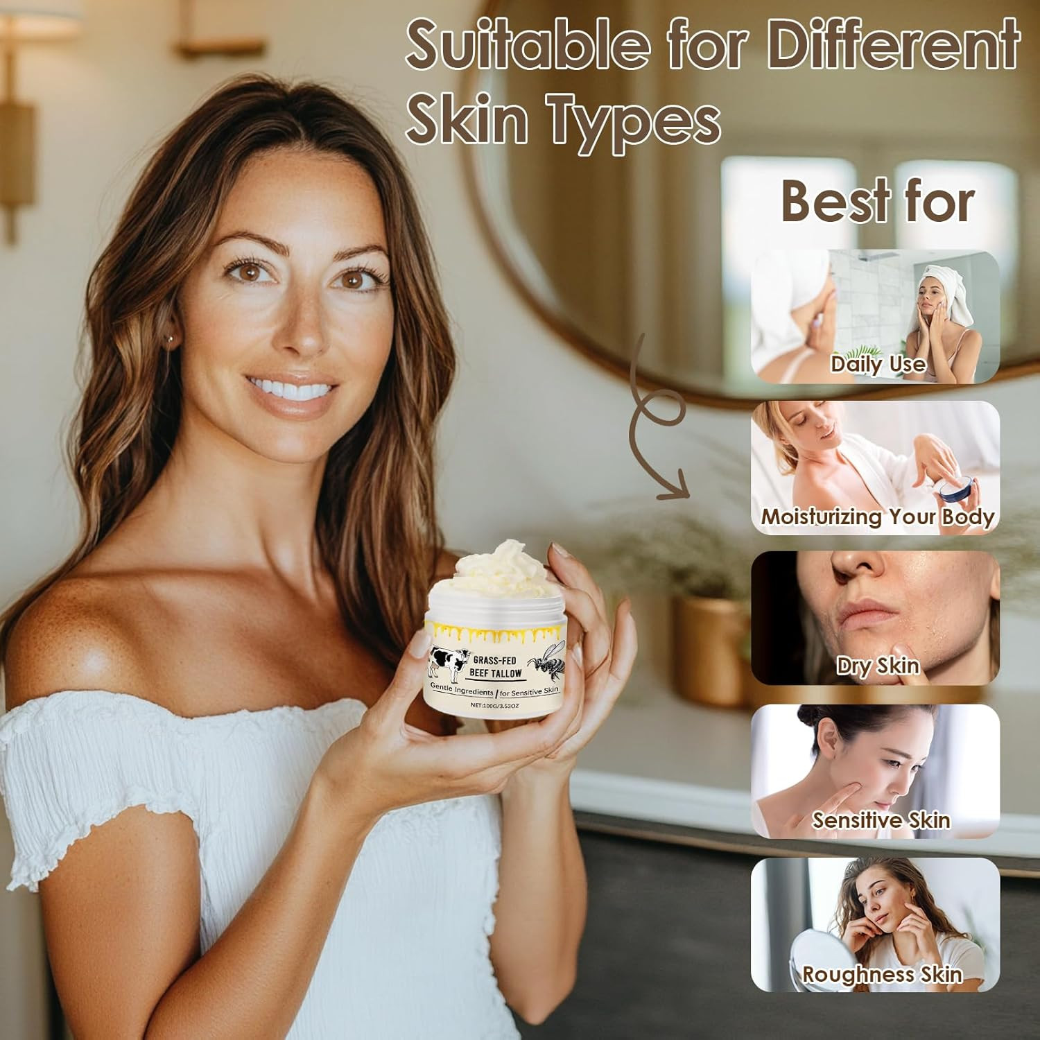 Whipped Beef Tallow for Skin Organic Grass Fed Beef Tallow and Honey Moisturizer