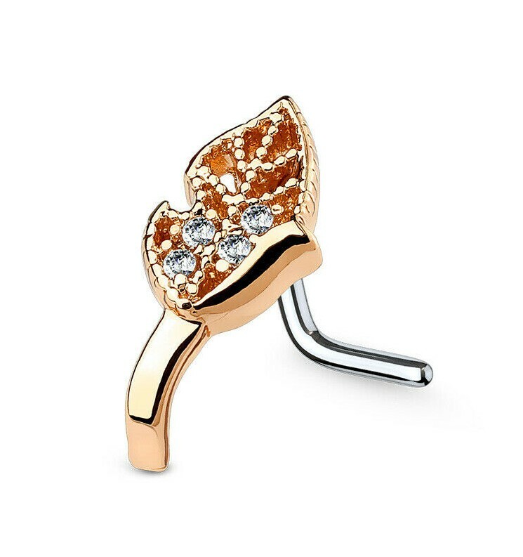 Nose Stud Leaf Rose Gold Crawlers CZ Set 20g (0.8mm) 316L Surgical Steel L Bend