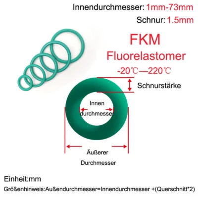O Ringe Ø1mm-73mm Schnurstärke 1.5mm FKM Fluorelastomer Dichtring Dichtung