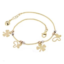 Italian 14k Tri Color Gold Four Leaf Clover & Butterfly Charm Bracelet 7" 2.9g