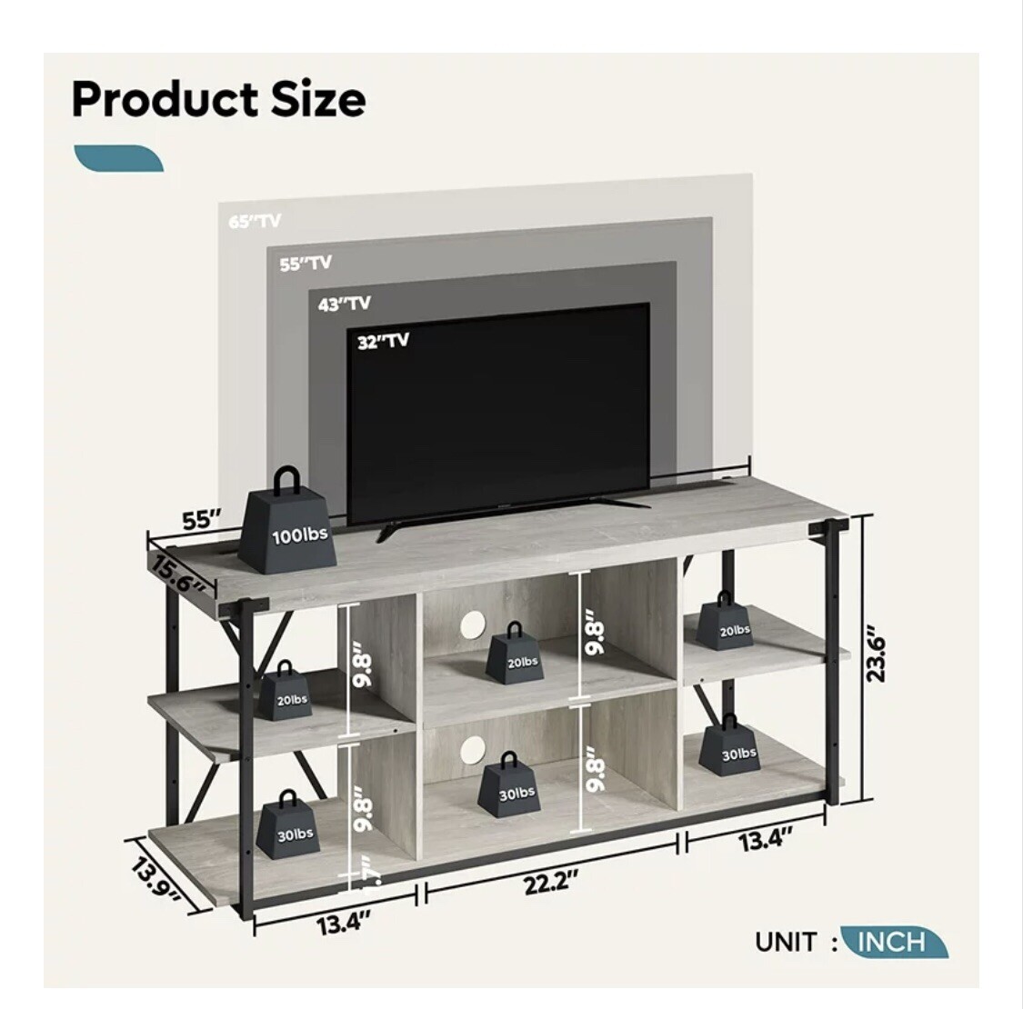 Wooden Farmhouse 55 inch TV Stand with Storage Shelves Grey